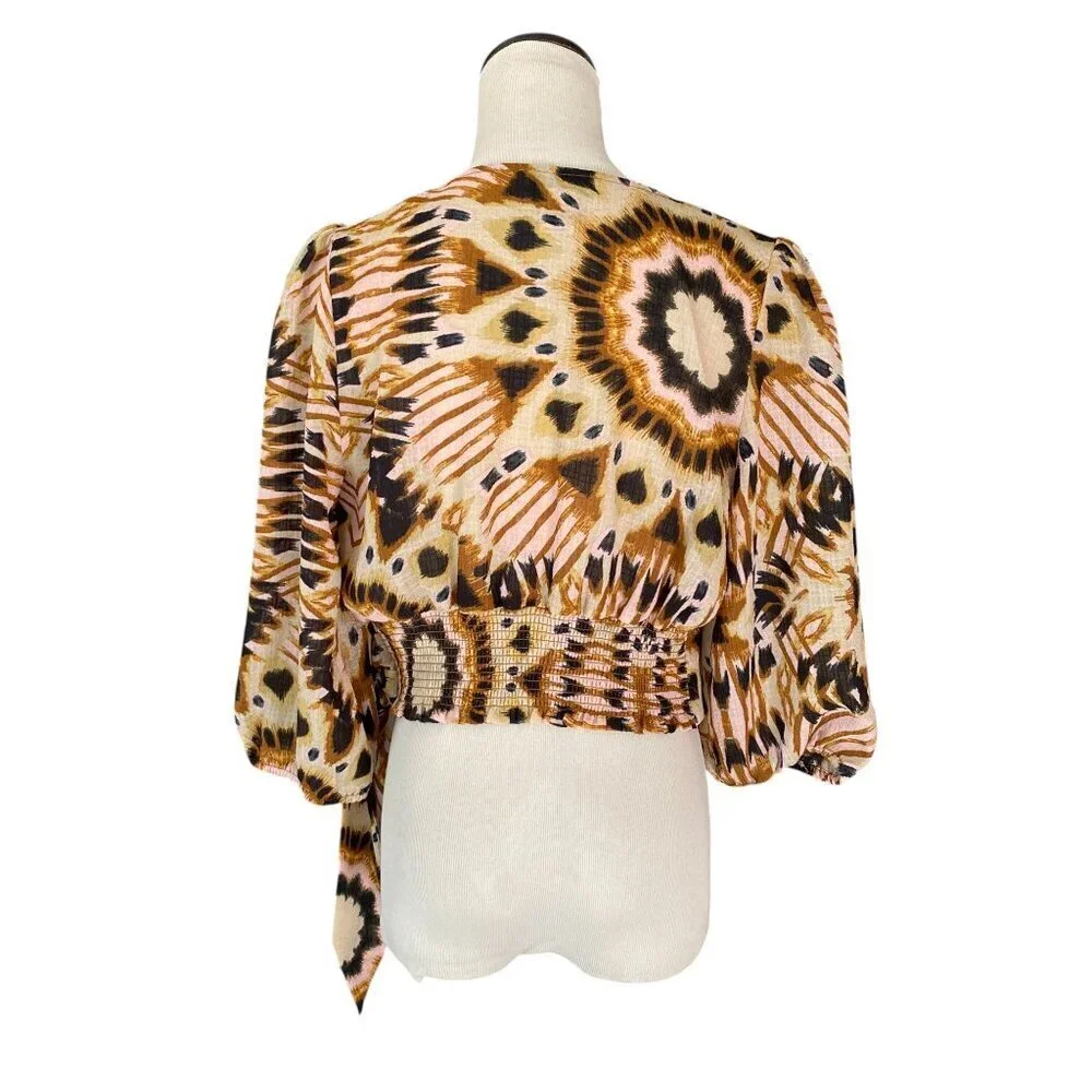 Rachel Zoe Tribal Print Long Sleeve Front Wrap Crop Top - Size Medium - Picture 3 of 8